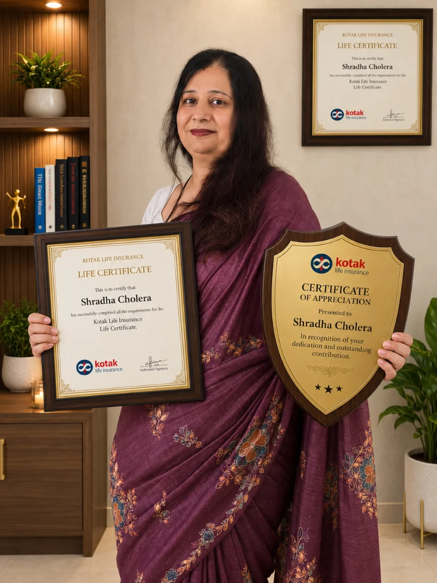 Shradha Cholera holding a Kotak Life Insurance certificate and a certificate of appreciation